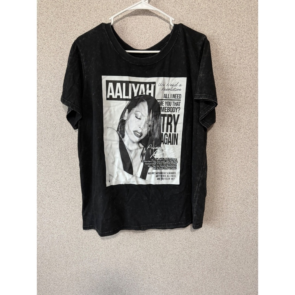 Aaliyah Graphic T-Shirt Black Acid Wash‎ Princess of R&B Tribute Tee Womens 2X